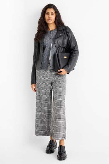 Femei - Pantaloni din jerseu cu curea - talie înaltă - wide leg - în carouri - negru / alb