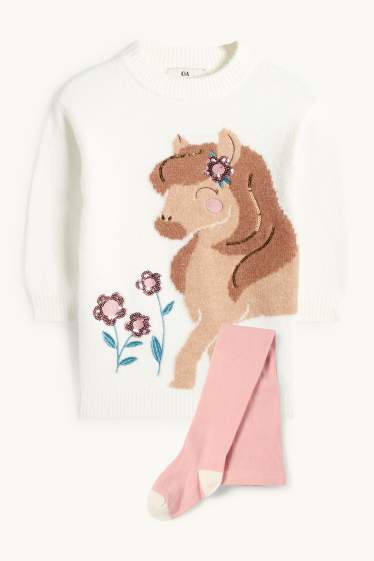 Kinderen: meisjes - Paard - set - gebreide jurk en maillot - 2-delig - wit