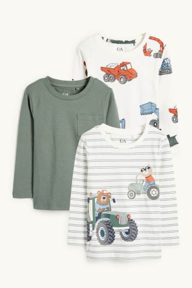 Kinderen: jongens - Set van 3 - beer en bouwplaats - longsleeve - crème wit