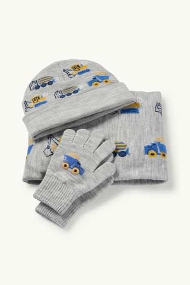 Kinderen: jongens - Bouwplaats - set - muts, colsjaal en handschoenen - licht grijs-mix