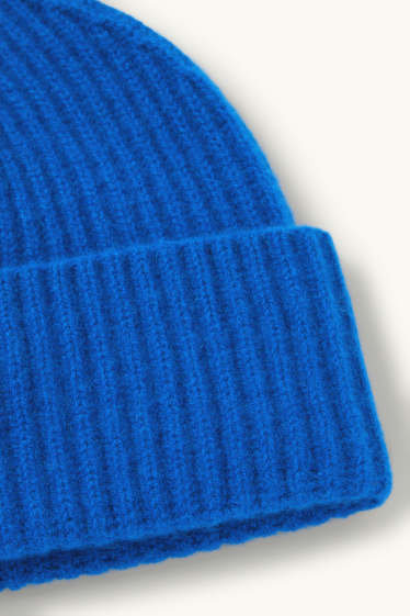 Femmes - Beanie en cachemire - finition côtelée - bleu