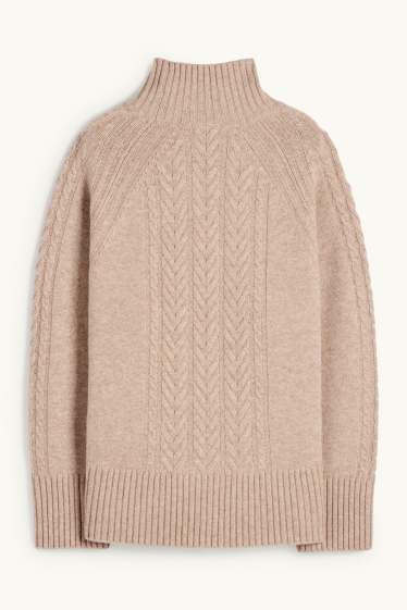 Women - Jumper with cashmere - wool blend - cable knit pattern - beige