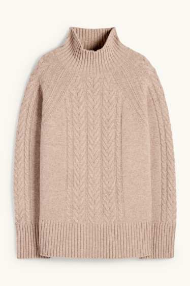 Women - Jumper with cashmere - wool blend - cable knit pattern - beige