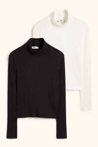 Enfants filles - Lot de 2 - haut à col roulé - finition côtelée - blanc / noir