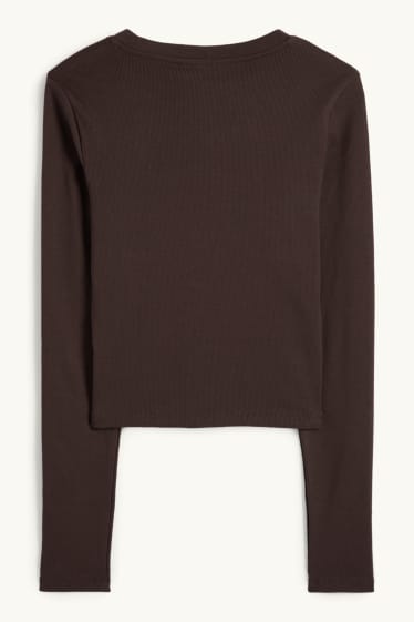 Femmes - Haut court à manches longues - finition côtelée - marron foncé