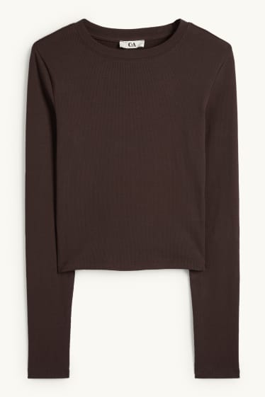 Femmes - Haut court à manches longues - finition côtelée - marron foncé