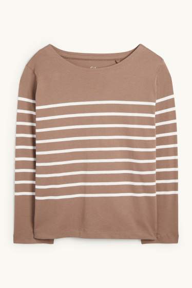 Women - Long sleeve top - regular fit- striped - taupe