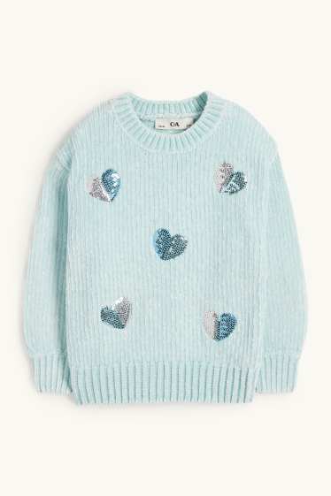 Children Girls - Heart - chenille jumper - shiny - mint green