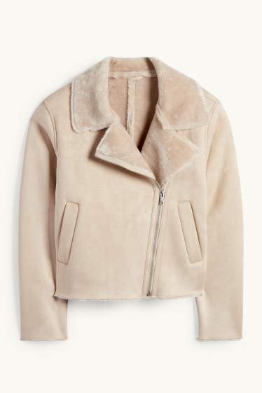 Dames - Shearling jas - imitatievelours - licht beige