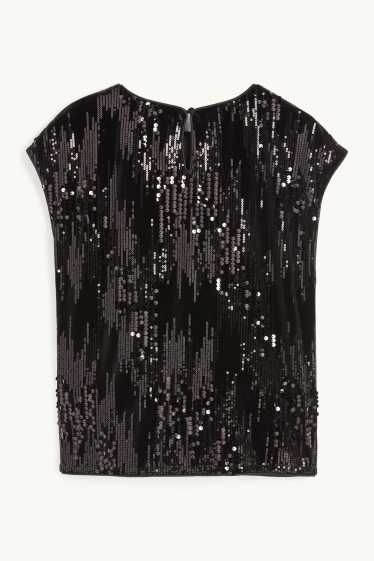 Mujer - Camiseta de terciopelo con lentejuelas - regular fit - negro