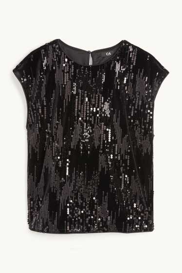 Mujer - Camiseta de terciopelo con lentejuelas - regular fit - negro