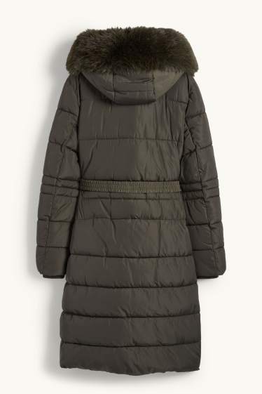 Dona - Abric embuatat amb cinturó, caputxa i rivet de pèl sintètic - verd fosc