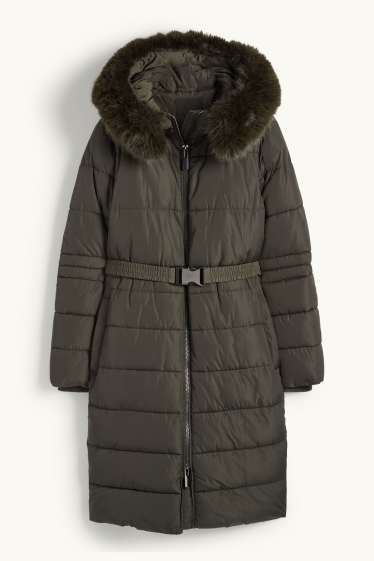 Dona - Abric embuatat amb cinturó, caputxa i rivet de pèl sintètic - verd fosc