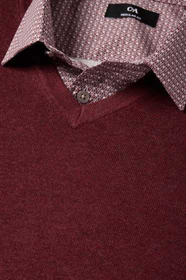 Bărbați - Set - pulover cu decolteu în V și cămașă office - 2 piese - vișiniu