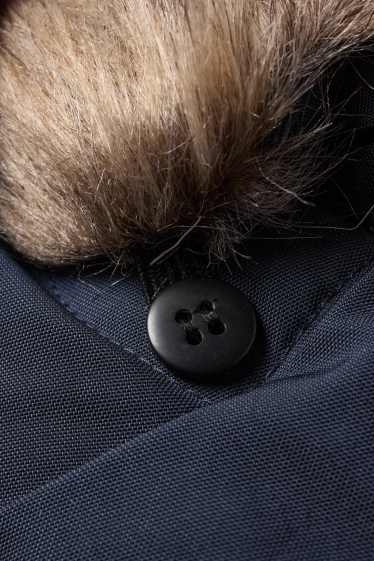 Kinderen: jongens - Regenjas met capuchon en imitatiebontrandje - gevoerd - donkerblauw