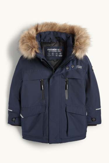 Kinderen: jongens - Regenjas met capuchon en imitatiebontrandje - gevoerd - donkerblauw