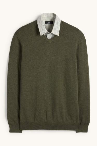 Herren - Set - Pullover mit V-Ausschnitt und Businesshemd - 2 teilig - dunkelgrün