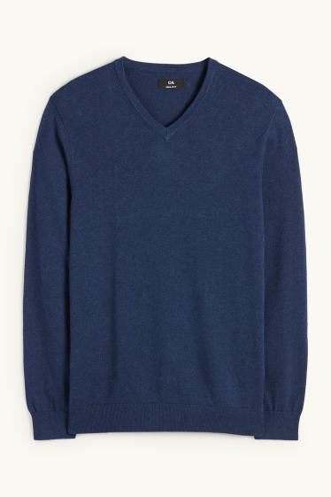 Bărbați - Set - pulover cu decolteu în V și cămașă office - 2 piese - albastru închis