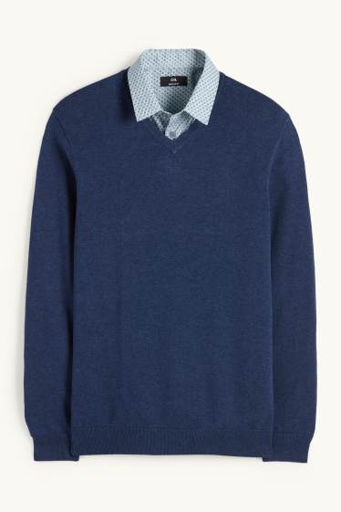 Bărbați - Set - pulover cu decolteu în V și cămașă office - 2 piese - albastru închis