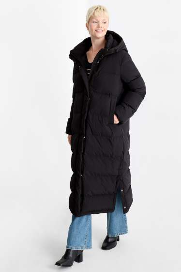 Dames - Mantel met stiksels en capuchon - waterafstotend - zwart