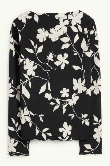 Women - Long sleeve top - regular fit - floral - textured - black / white