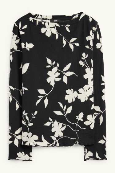Women - Long sleeve top - regular fit - floral - textured - black / white