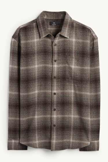 Mężczyźni - Koszula flanelowa - relaxed fit - kołnierzyk kent - w kratę - brązowy