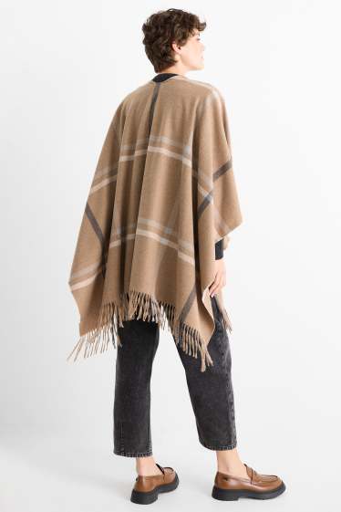 Femmes - Poncho à franges - à carreaux - marron clair