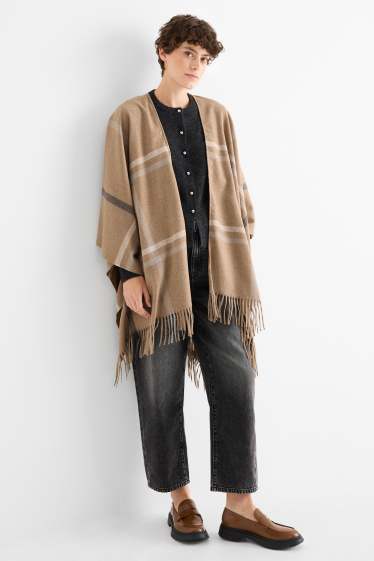 Femmes - Poncho à franges - à carreaux - marron clair