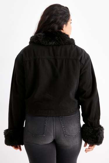 Dámské - Džínová bunda s detaily z umělé kožešiny - s výplní - černá