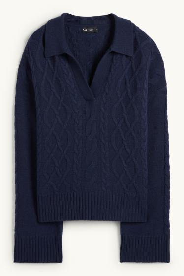 Damen - Pullover mit V-Ausschnitt und Kaschmir-Anteil - Woll-Mix - dunkelblau