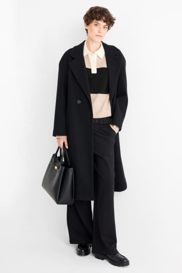 Dámské - Žerzejové kalhoty s páskem - high waist - wide leg - černá