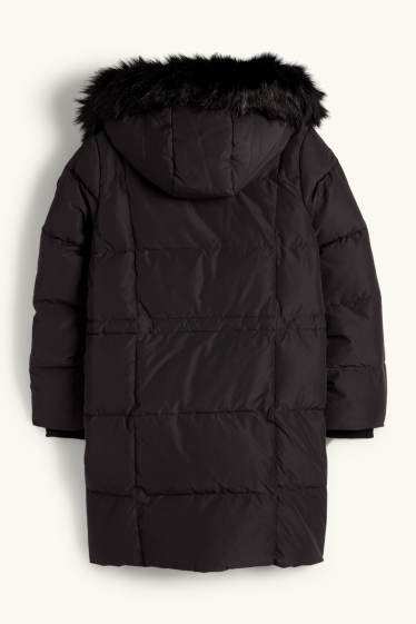 Kinder Mädchen - Daunenjacke mit Kapuze und Kunstfellbesatz - schwarz