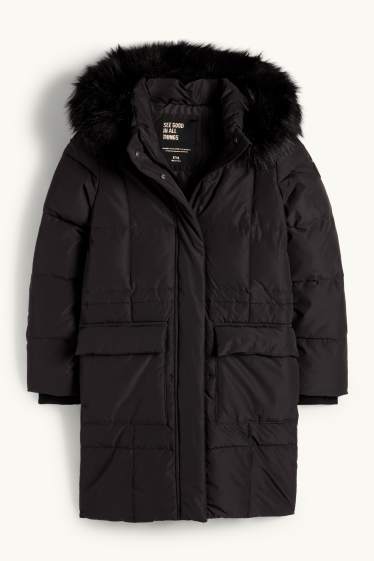 Kinder Mädchen - Daunenjacke mit Kapuze und Kunstfellbesatz - schwarz