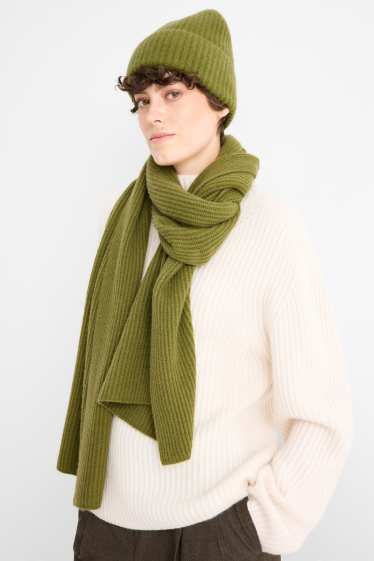 Dámské - Kašmírová čepice beanie - žebrovaná - zelená