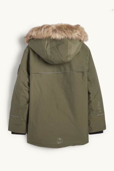 Kinderen: jongens - Regenjas met capuchon en imitatiebontrandje - gevoerd - kaki