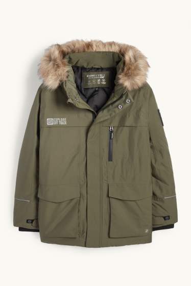 Kinderen: jongens - Regenjas met capuchon en imitatiebontrandje - gevoerd - kaki