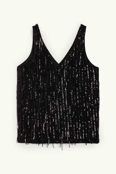 Dames - Top met V-hals en pailletten - zwart