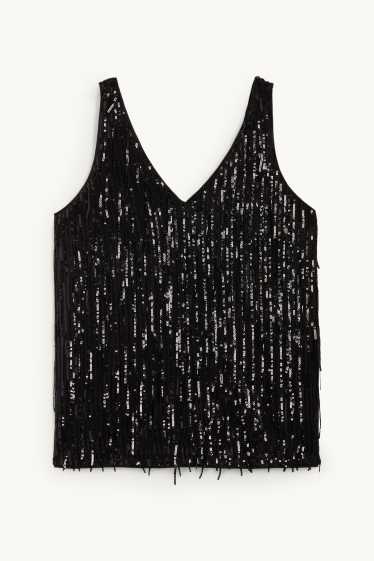 Dames - Top met V-hals en pailletten - zwart