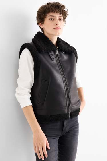 Damen - Faux Shearling Weste - Lederimitat - schwarz