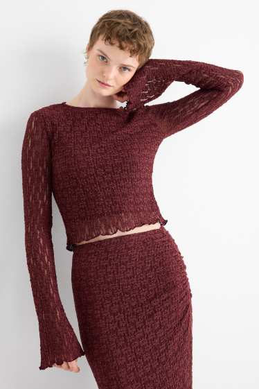 Dámské - Krátké krajkové tričko s dlouhým rukávem - slim fit - bordeaux