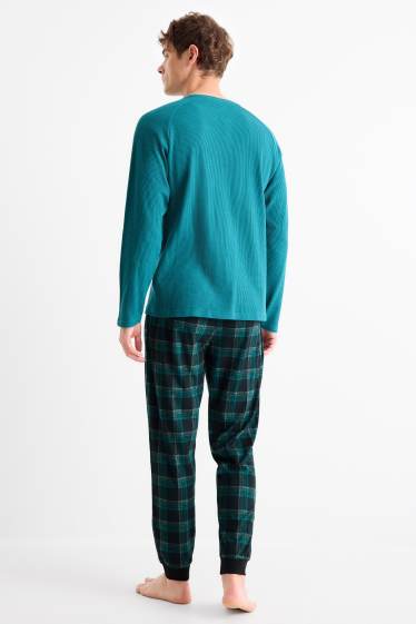 Heren - Pyjama met flanellen broek - donkerturquoise