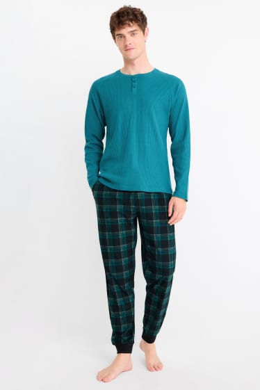 Heren - Pyjama met flanellen broek - donkerturquoise
