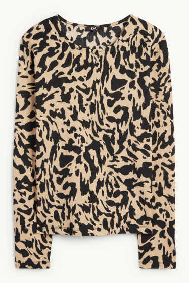 Dámské - Tričko s dlouhým rukávem - regular fit - se vzorem - černá/béžová