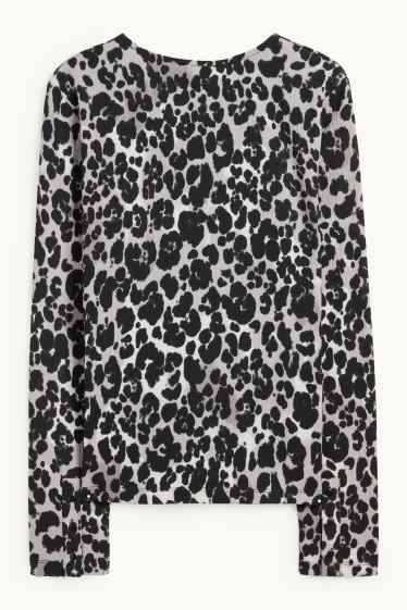 Women - Long sleeve top - regular fit - leopard print - black / gray