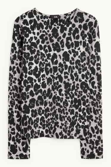 Women - Long sleeve top - regular fit - leopard print - black / gray