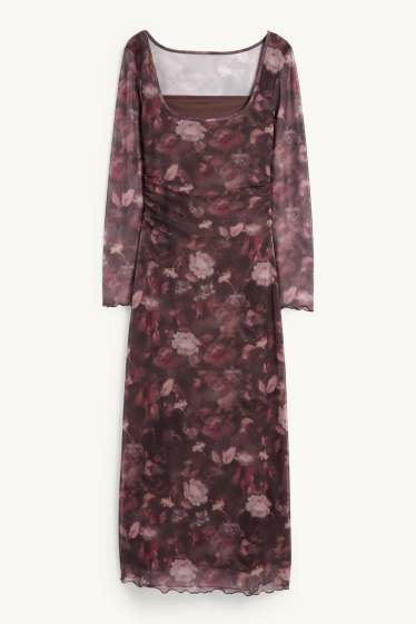 Women - Mesh dress - floral - dark brown