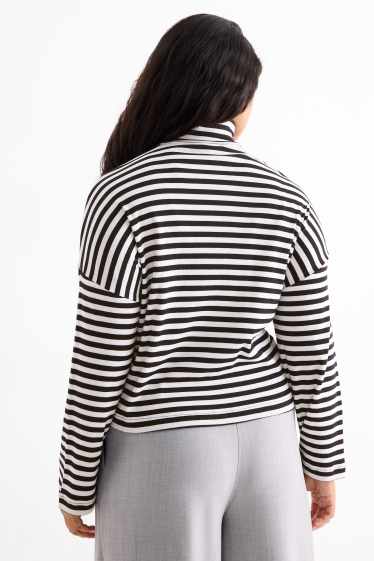 Dames - Shirt met rolkraagje - ribstof - met strepen - zwart / wit