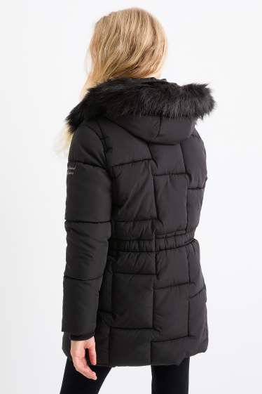 Kinder Mädchen - Steppjacke mit Kapuze und Kunstfellbesatz - schwarz