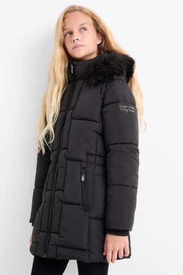 Kinder Mädchen - Steppjacke mit Kapuze und Kunstfellbesatz - schwarz